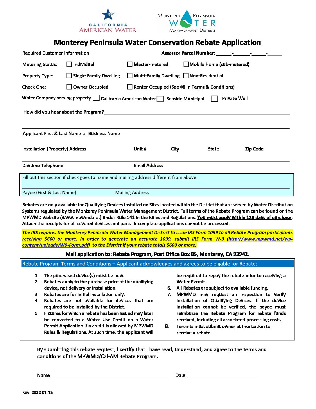 Rebate Application Monterey Water Conservation